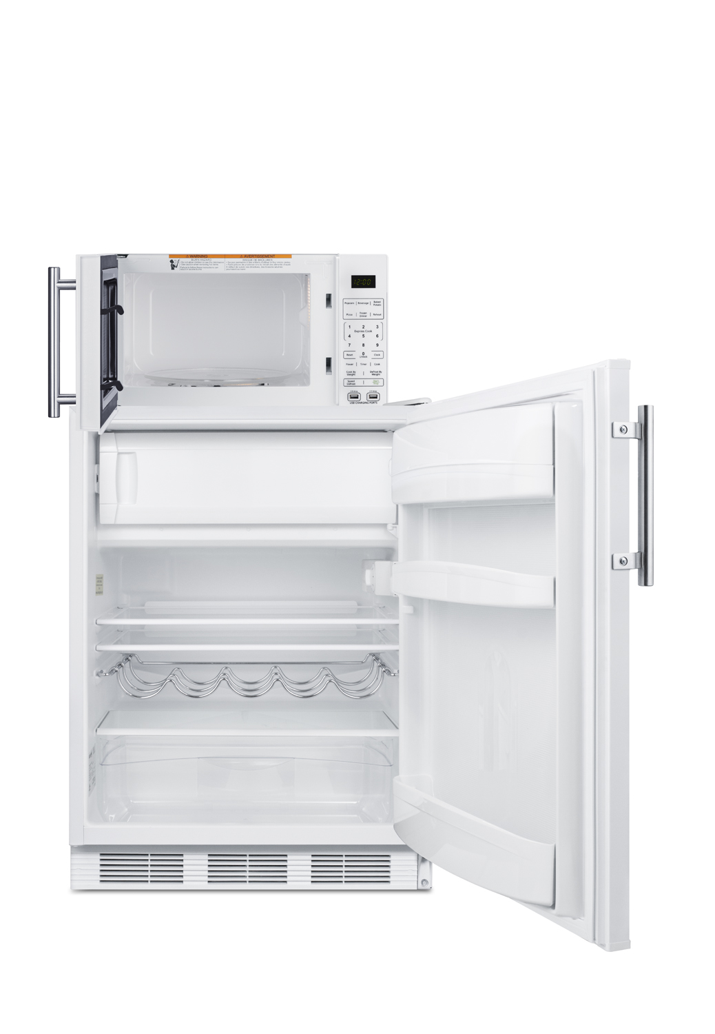 Counter height refrigerator-freezer compact microwave in white with allocator and USB ports for 1-plug operation; ships in three boxes on one pallet